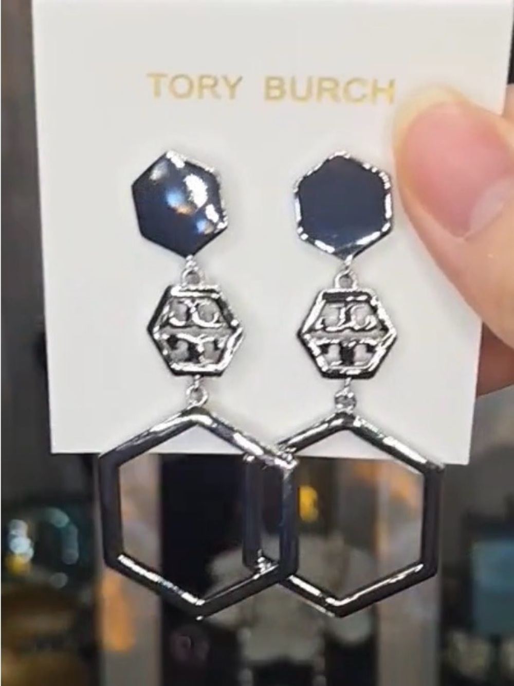 Tory Burch Polished Silver Hexagon Drop Earrings with Logo Accents NWT